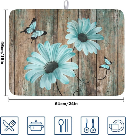 Teal Sunflowers Drying Mat 24x18 Inch, Summer Wooden Board Drying Mat - Image 2