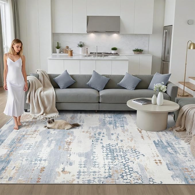 DCX Abstract Area Rug 9x12, Washable Blue Modern Rug - Image 3