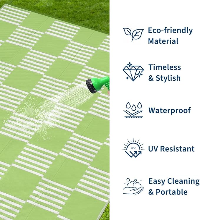 Garvee Waterproof Outdoor Rug 10x14, Checkered Foldable Plastic Straw Patio - Image 2
