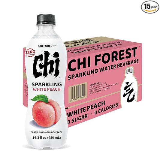 CHI FOREST Flavored Sparkling Water Beverage, White Peach, Zero Sugar, 16.2 fl oz Bottles (pack of 15)