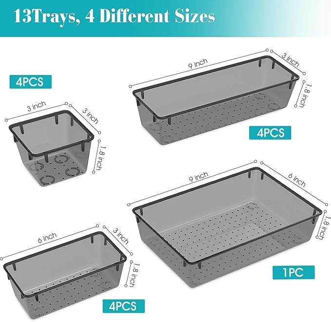 StorMiracle 13 PCS Clear Plastic Drawer Organizers Set, 4 Size Desk Drawer - Image 2