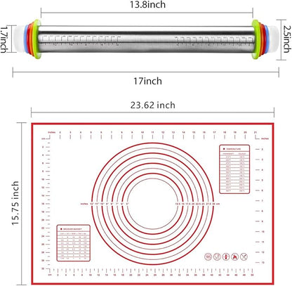 Stainless Steel Rolling Pin and Silicone Mat Set, Adjustable Thickness Rings - Image 2