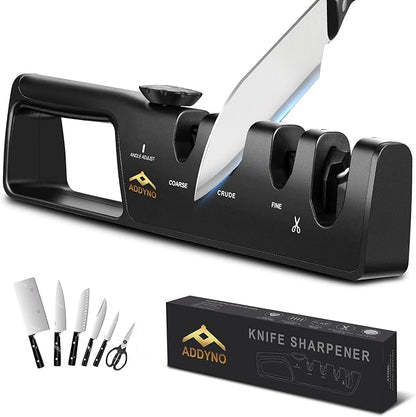 4-in-1 Knife Sharpener with Angle Guide, Adjustable Edge, 3-Stage by Addyno