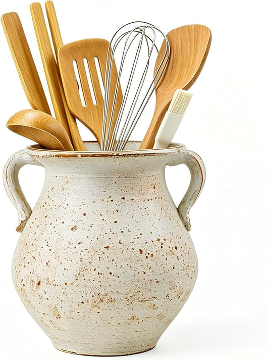Rustic Kitchen Utensil Holder for Countertop, 7.6x4.9In Large Ceramic Cooking by OOXYG
