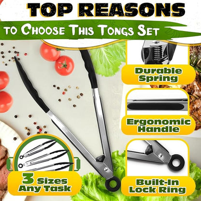 Kitchen Tongs Set of 3-7/9/12" Silicone Tipped Tongs - Image 4