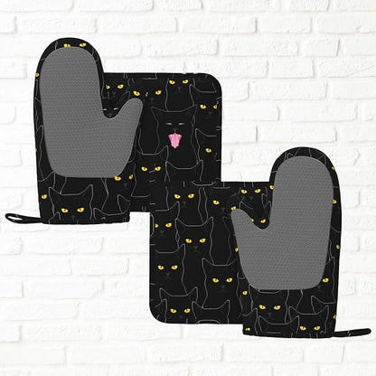 Fun Black Cat Oven Mitts and Pot Holders Set of 4 Silicone Heat Resistant Oven - Image 5