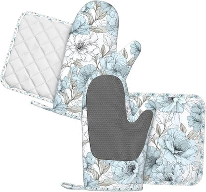 Oven Mitts and Pot Holders Set, Vintage Pastel Flower Peony Silicone Kitchen - Image 2