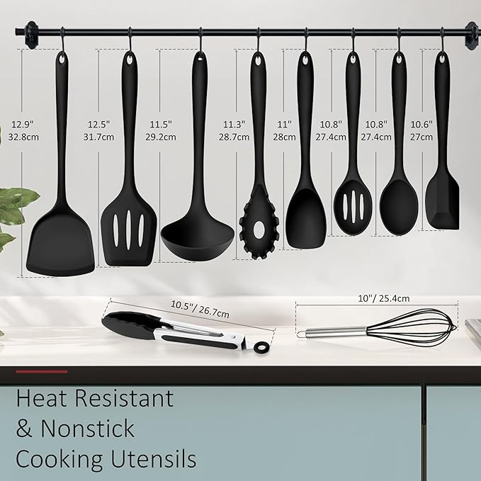 Silicone Cooking Utensils Set of 10, Leonyo Black Kitchen Utensils Set - Image 2