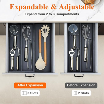 Bamboo Kitchen Tool Drawer Organizer Storage Black Cutlery Tray Expandable - Image 4