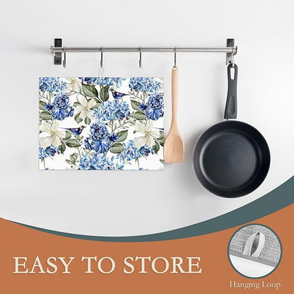 Blue Hydrangea Flowers Dish Drying Mat, Bird Drying Rack Pad Countertop Dishes - Image 3