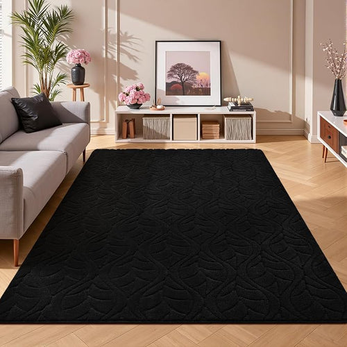 3x5 Black Washable Area Rug for Bedroom, Leaf Geometric Patter Shag Non-Slip - Image 2