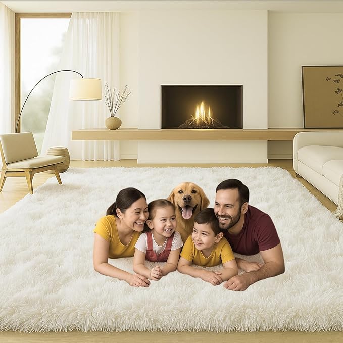8x10 Area Rugs Living Room, Cream White Large Plush Fluffy Bedroom Carpet - Image 3