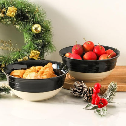 HASENSE Large Porcelain Serving Bowls Set of 2, 60 Oz 8.5 Inch Black & Beige - Image 6