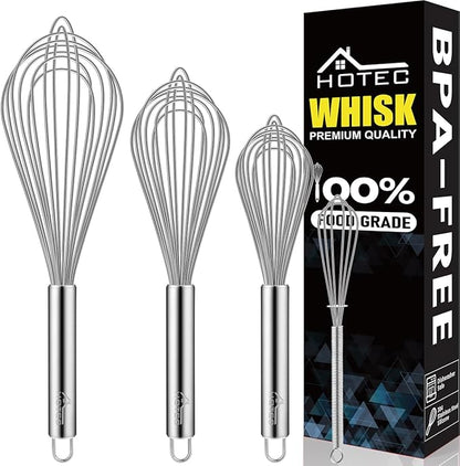 HOTEC 4 Pieces Stainless Steel Whisks Set Wire Whisk Balloon Whisk Egg Beater by Hotec