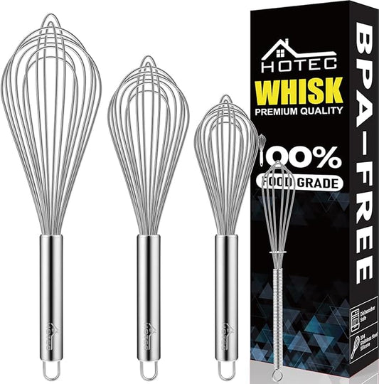 HOTEC 4 Pieces Stainless Steel Whisks Set Wire Whisk Balloon Whisk Egg Beater by Hotec