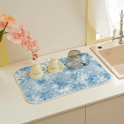 Christmas Dish Drying Mat 18x24 Inch Blue White Snowflake Winter Drying Mat - Image 6