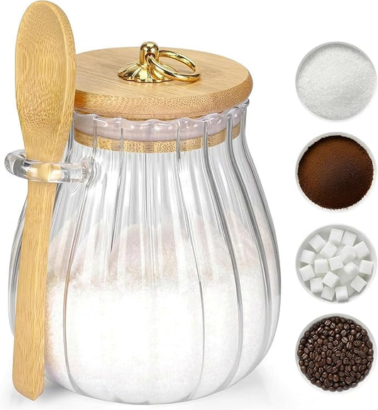 holoith Sugar Container with Bamboo Lid and Spoon, 15 oz Sugar Bowl Glass Jar by Holoith