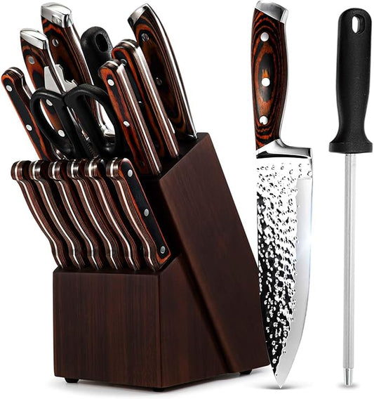 Kitchen Knife Sets with Block, 15-Piece High Carbon Stainless Steel Knife Block by KroWallu