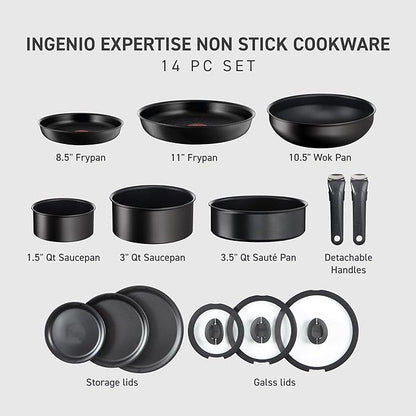 T-fal Ingenio Expertise Non Stick Cookware Set 14 Piece, Induction Oven Broiler - Image 2
