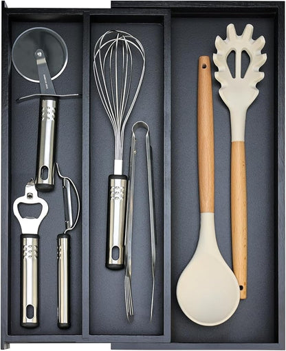 Bamboo Kitchen Tool Drawer Organizer Storage Black Cutlery Tray Expandable by Hilislog