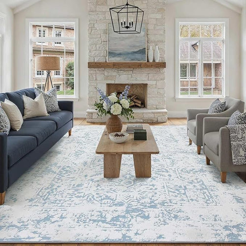 8x10 Fluffy Area Rug Blue Shag Neutral Carpet by WondRg
