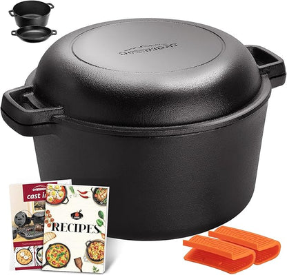 Overmont 2-in-1 Cast Iron Dutch Oven - 5QT Pre-Seasoned All-in-One Casserole by Overmont