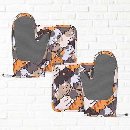 Fun Cat Cartoon Animal Face Oven Mitts and Pot Holders Set of 4 Silicone Heat - Image 5