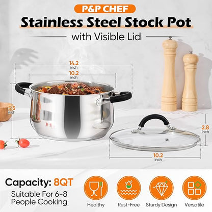 P&P CHEF Stainless Steel Stock Pot, 8 Qt Cooking Soup Pot - Image 2