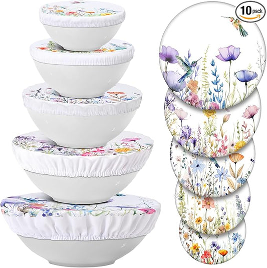 Patelai 10 Pcs Bowl Covers Reusable in 5 Size Stretch Cloth Fabric Elastic Food by Patelai
