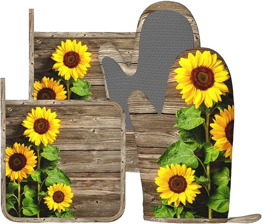 Sunflower Wooden Retro Oven Mitts and Pot Holders Sets of 4, Heat Resistant by Echoserein