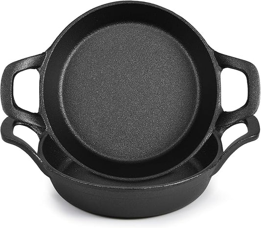 Mini Cast Iron Skillets 6.3 x 6.3 x 1.5 Inch Cast Iron Pan Small Ramekin Set Black Casserole Dish Cookware Oven Safe Mini Skillets for Kitchen Indoor Outdoor Picnic (2 Pack)