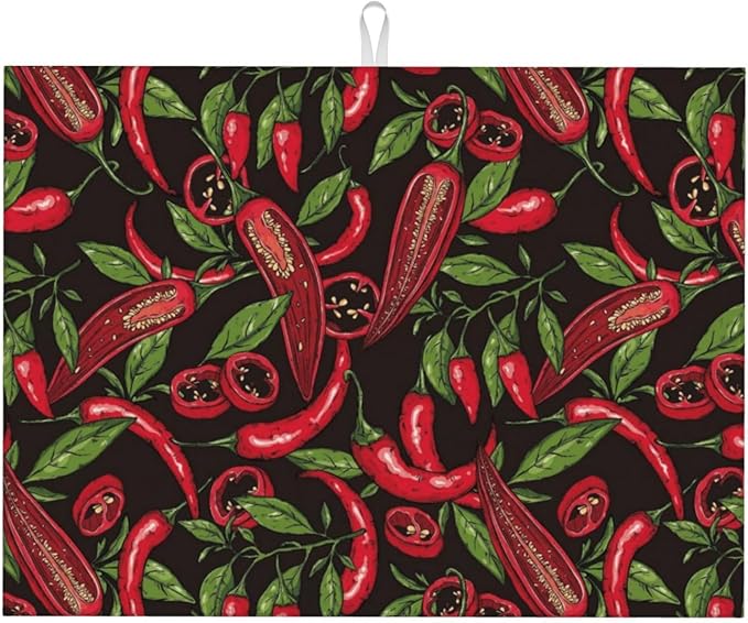 Red Chili Peppers Dish Drying Mat Vegetable Pepper Black Rustic Green Leaf by Unknown