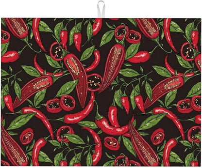 Red Chili Peppers Dish Drying Mat Vegetable Pepper Black Rustic Green Leaf by Unknown
