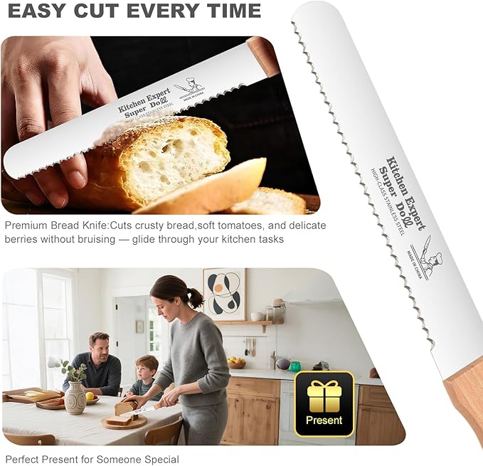 2-Pack Bread Knife & Bread Lame Set: 8" Premium Stainless Steel Serrated Knives Blade with Wood Handle for Homemade Bread, Sourdough Tomato, Bagel + Dough Scoring Tool for Razor Sharp Carving