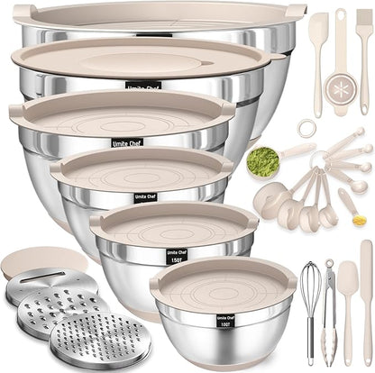 Mixing Bowls with Airtight Lids Set, Non-Slip Bottoms & Kitchen Gadgets Set by UmiteChef