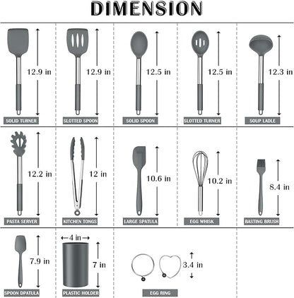 Silicone Cooking Utensils Set, E-far 14-Piece Gray Kitchen Utensils Set - Image 2