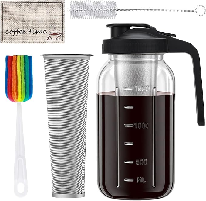 Cold Brew Coffee Maker, 64oz Iced Coffee Tea Pitcher with Stainless Steel Filter & Coffee Mat, 1/2 Gallon Heavy Duty Glass Mason Jar Cold Brew Maker with Pour Spout Handle Lid, 2 Brushes, Leak-Proof