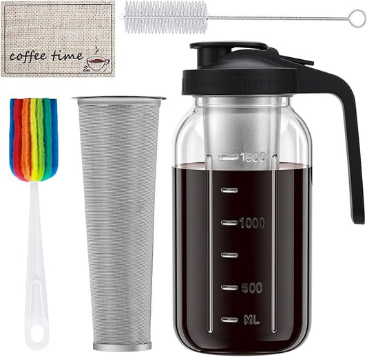 Cold Brew Coffee Maker, 64oz Iced Coffee Tea Pitcher with Stainless Steel Filter & Coffee Mat, 1/2 Gallon Heavy Duty Glass Mason Jar Cold Brew Maker with Pour Spout Handle Lid, 2 Brushes, Leak-Proof