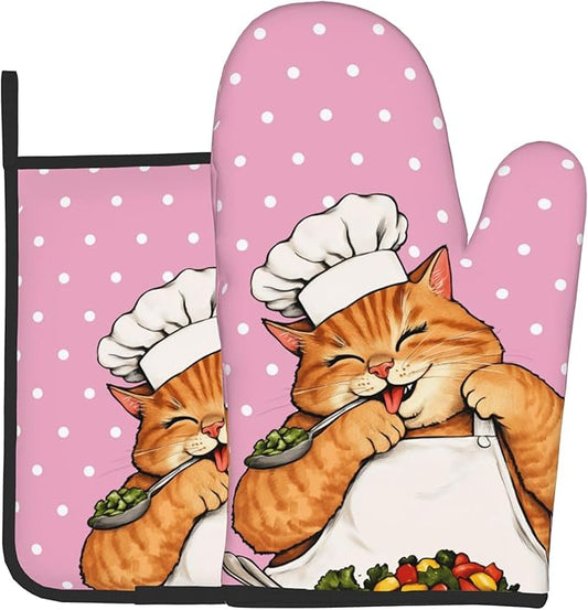 Cat Oven Mitts - Pink Oven Mitts and Pot Holders Sets of 2 Cute Kitten Cooker by DZGlobal