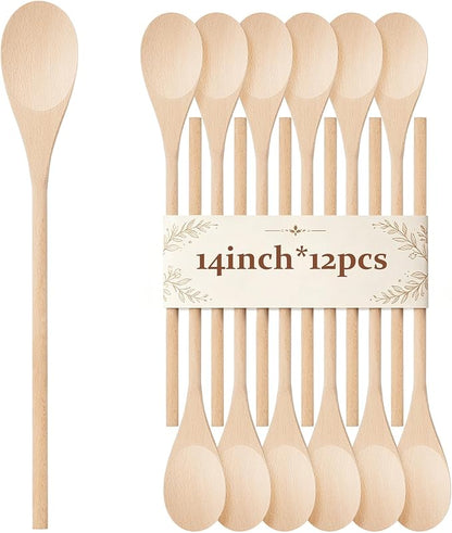12 Pcs Wooden Spoons for Cooking, MORGLES 14-Inch Serving Spoons for Stirring by Morgles