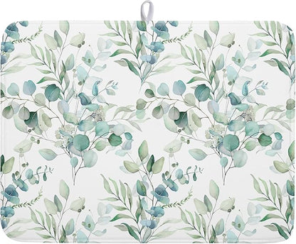 Sage Green Leaves Dish Drying Mats by Kawani