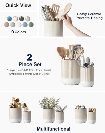 LE TAUCI Utensil Holder for Kitchen Counter, 7.3"+5.4" Fluted Ceramic Utensil - Image 2
