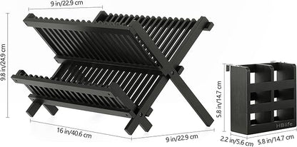 HBlife Dish Rack, Bamboo Folding 2-Tier Collapsible Drainer Dish Drying Rack - Image 2