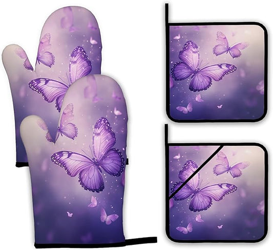 Purple Butterfly Oven Mitts and Pot Holders Set, Sparkling Kitchen Oven Gloves by Unknown