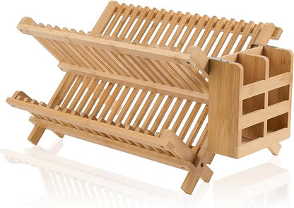 NOVAYEAH Bamboo Dish Drying Rack-2 Tier, Collapsible Small Dish Rack by NOVAYEAH