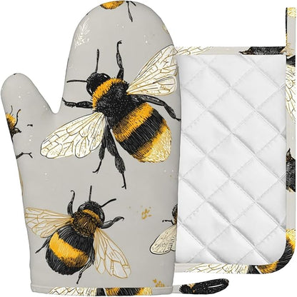 Happy Busy Bees Oven Mitts and Pot Holders Sets Non-Slip Silicone Surface - Image 2