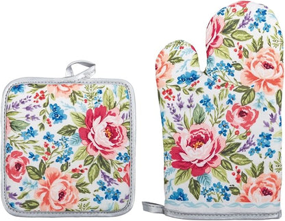 Floral Oven Mitts and Pot Holders Sets 2 Pcs, Canvas Heat Resistant Kitchen by QEES