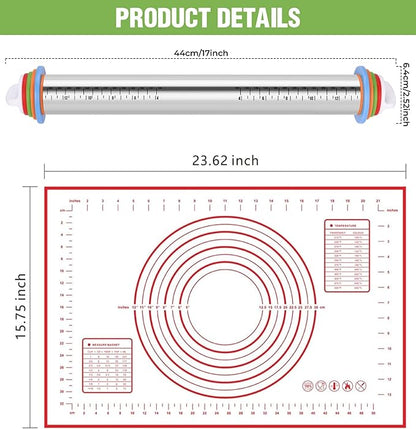 Rolling Pin with Adjustable Thickness Rings and Silicone Baking Pastry Mat Set - Image 2