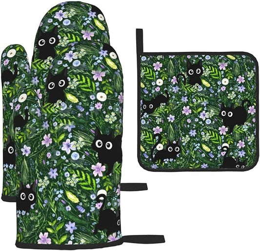 Spring Funny Black Cat Hot Pads and Oven Mitts Heat Resistant, Cute Cat Lover & by Unknown