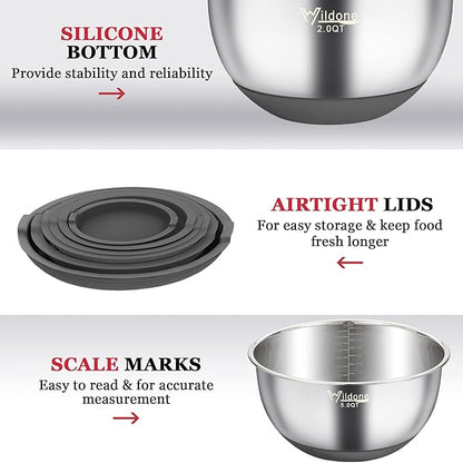 Wildone Mixing Bowls with Airtight Lids, 3 Grater Attachments, Measurement - Image 6